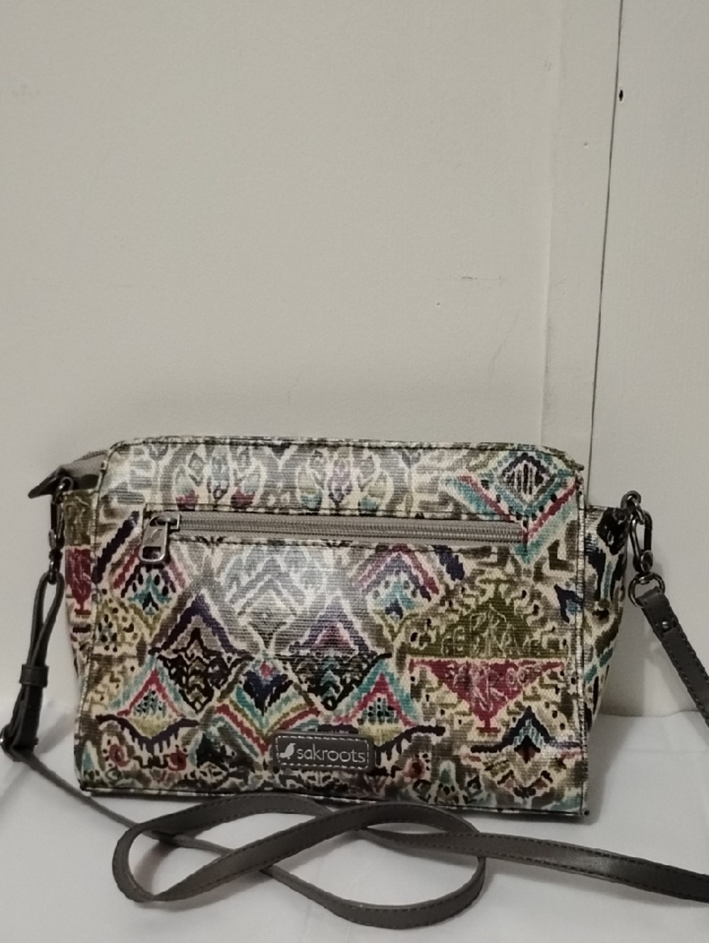 Sakroots Multicolor Geometric Print Crossbody with Gray Strap